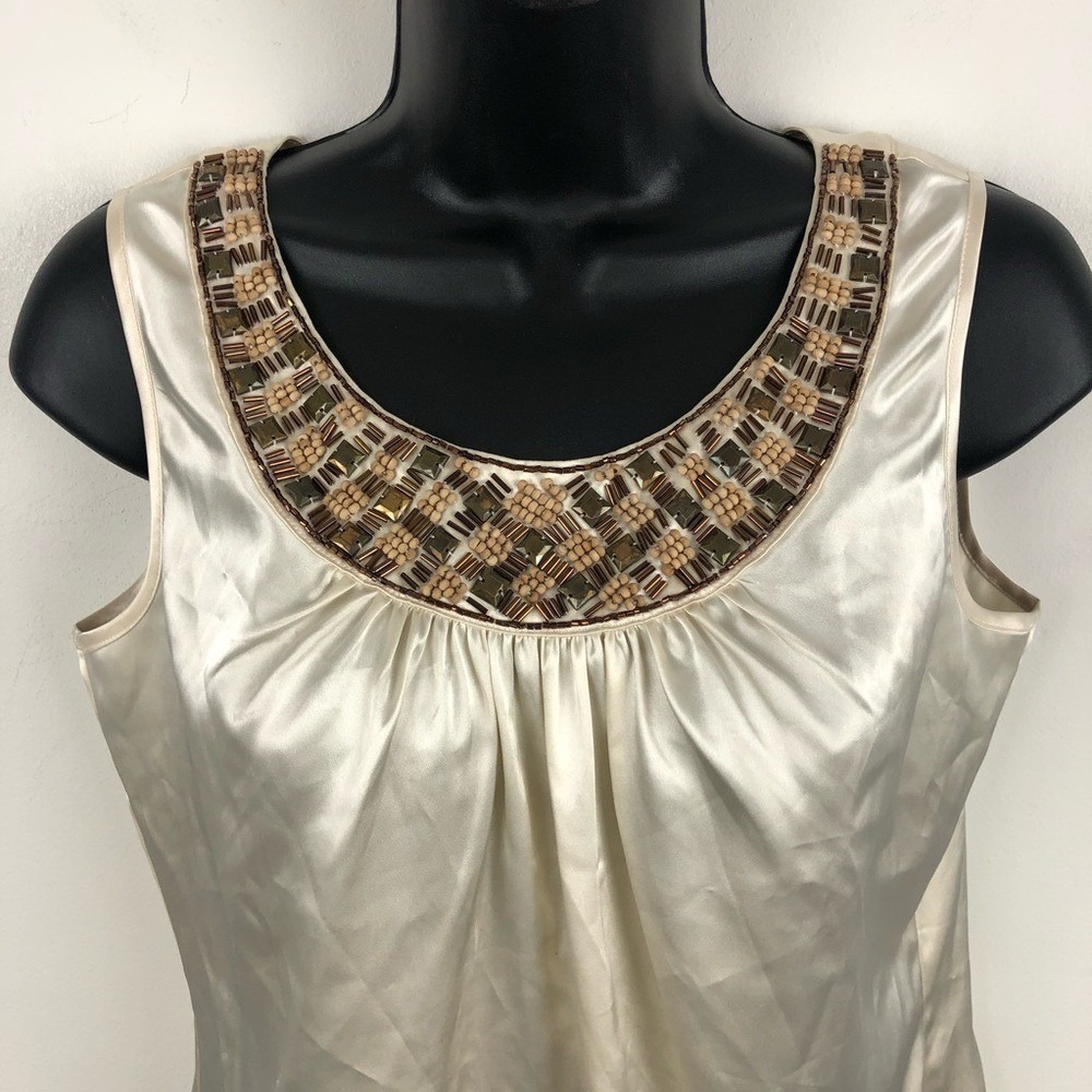 Chicos Shirt TOP BLOUSE SATIN BROWN 0 SMALL EMBELLISHED NECKLINE SLEEVELESS